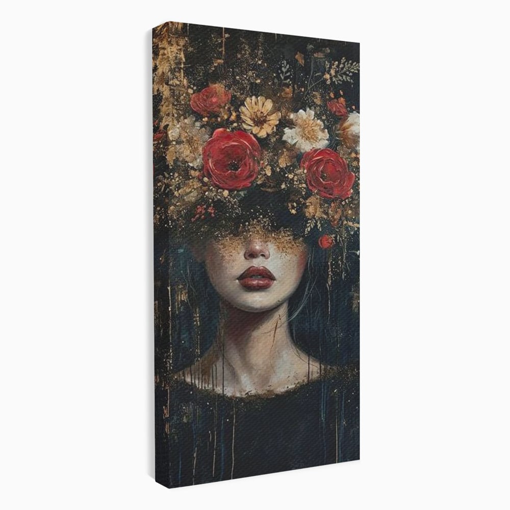 Tablou canvas cu tablou canvas cu portret de femeie si trandafiri rosii, fara rama, pe sasiu de lemn